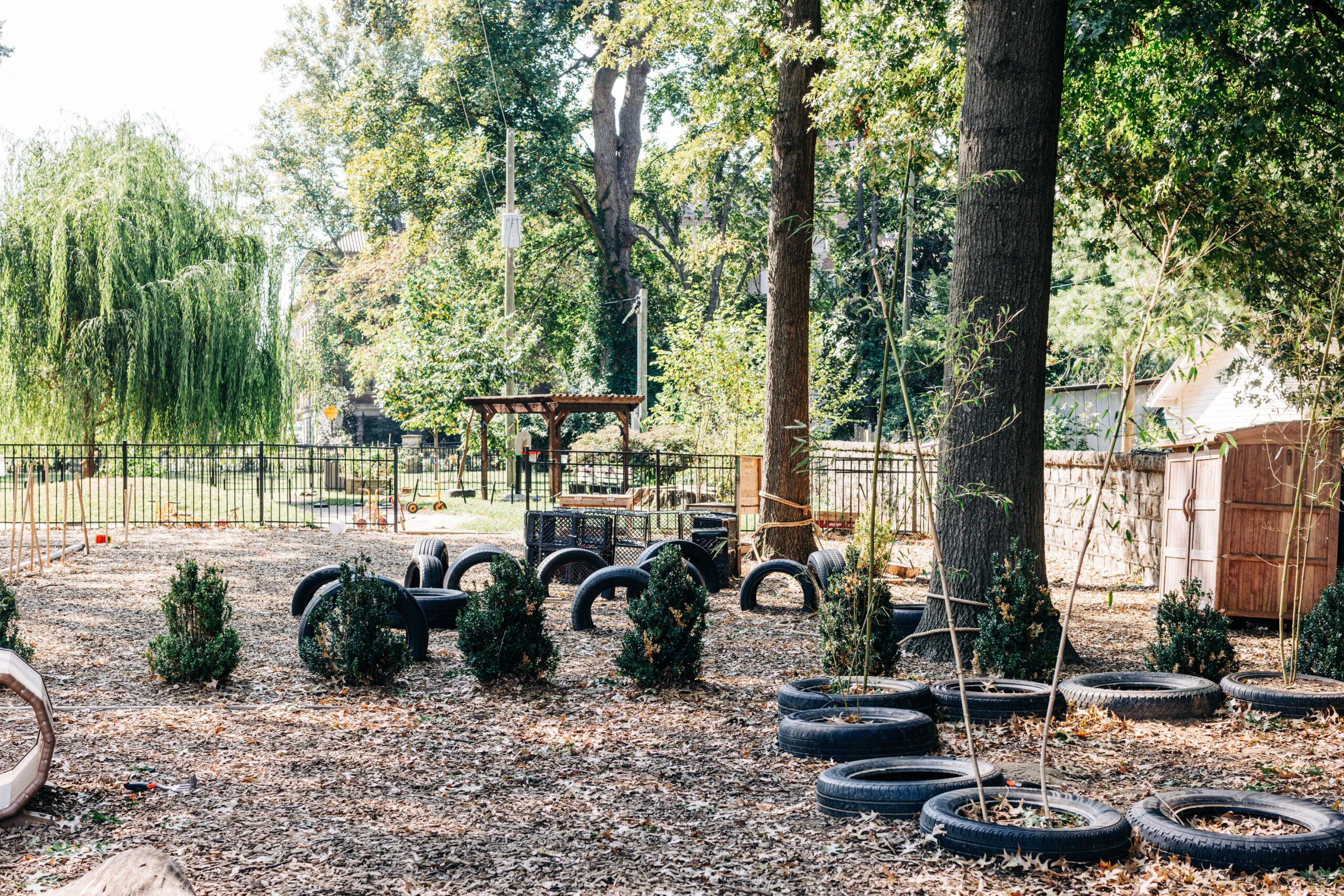 Natural playground with tire structures