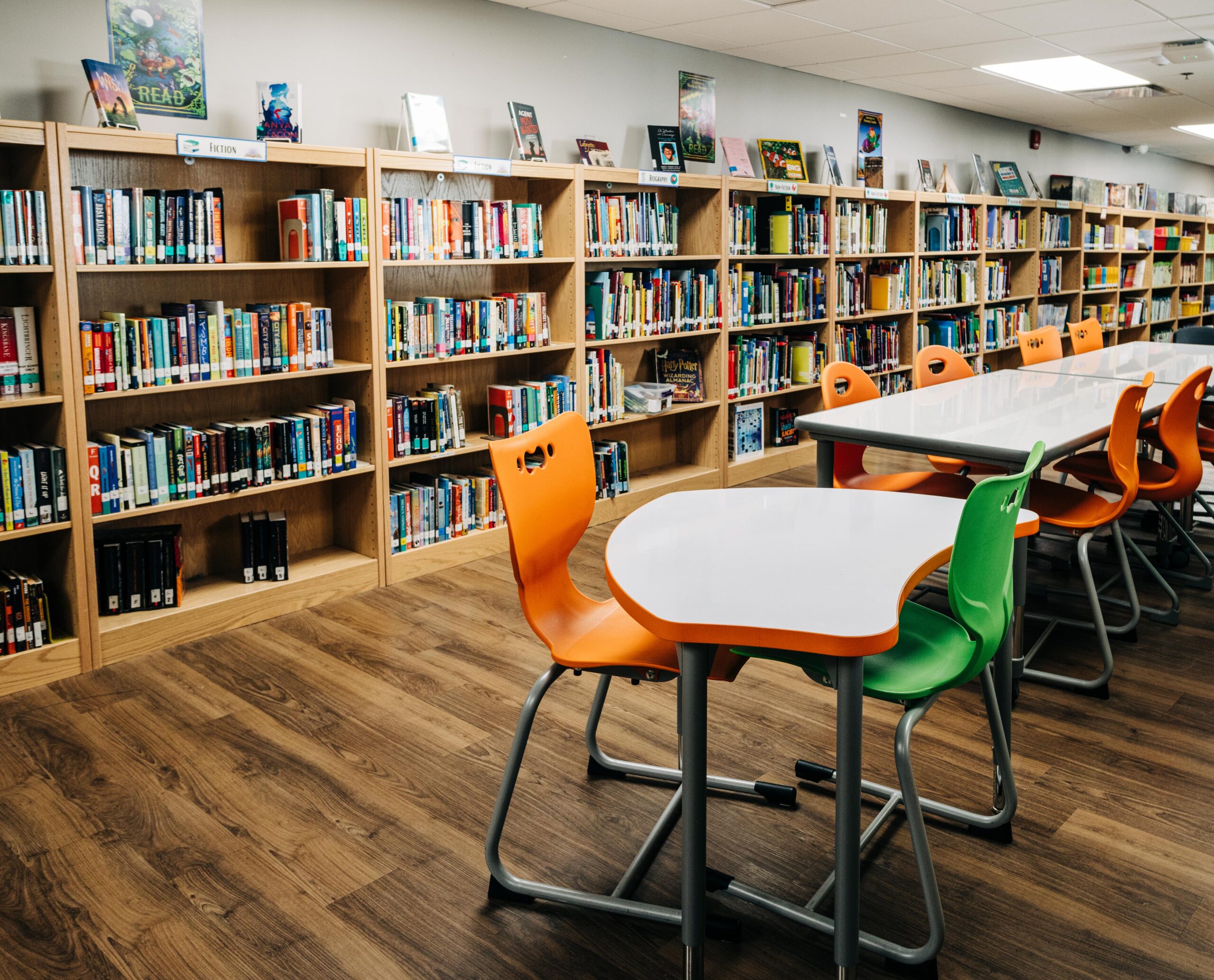 Row of bookcases in a school library