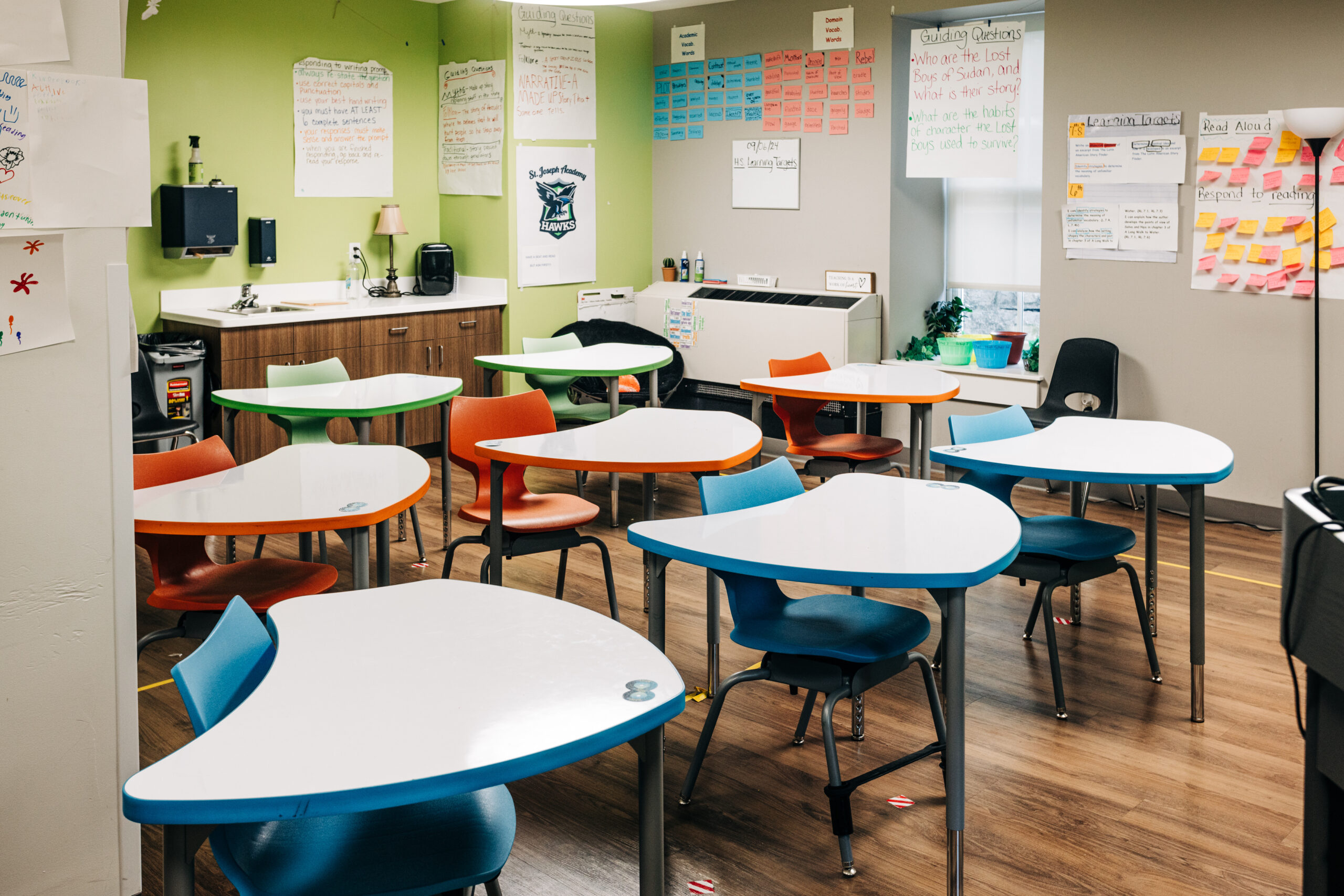 Image of desks in a language arts classroom at St. Joseph Academy